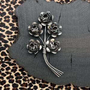 1940s CORO-CRAFT Sterling Silver Brooch Pin Cabbage Roses Bouquet Pegasus Mark